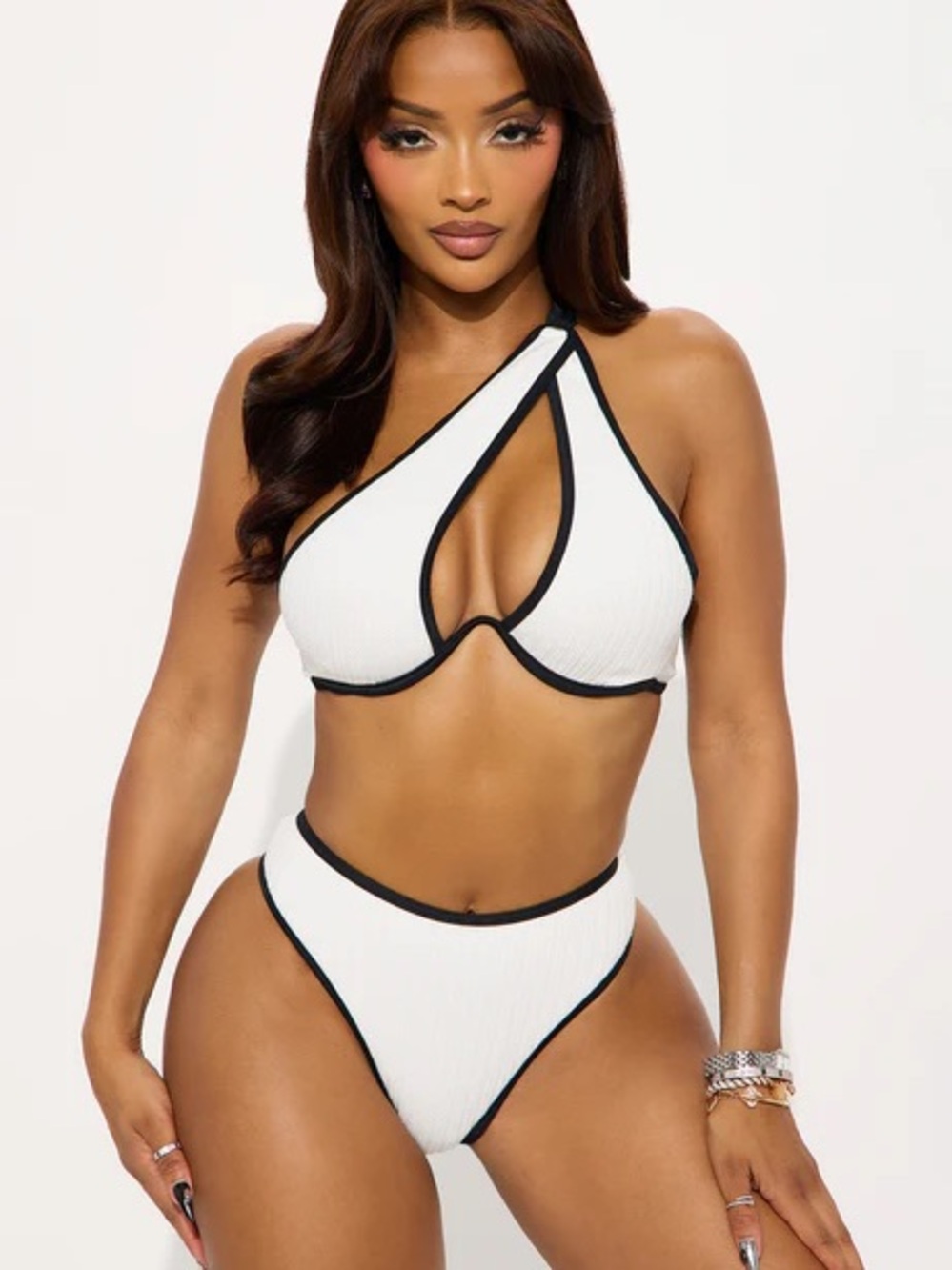 Fashion Nova White Ribbed Bikini with Black Trim